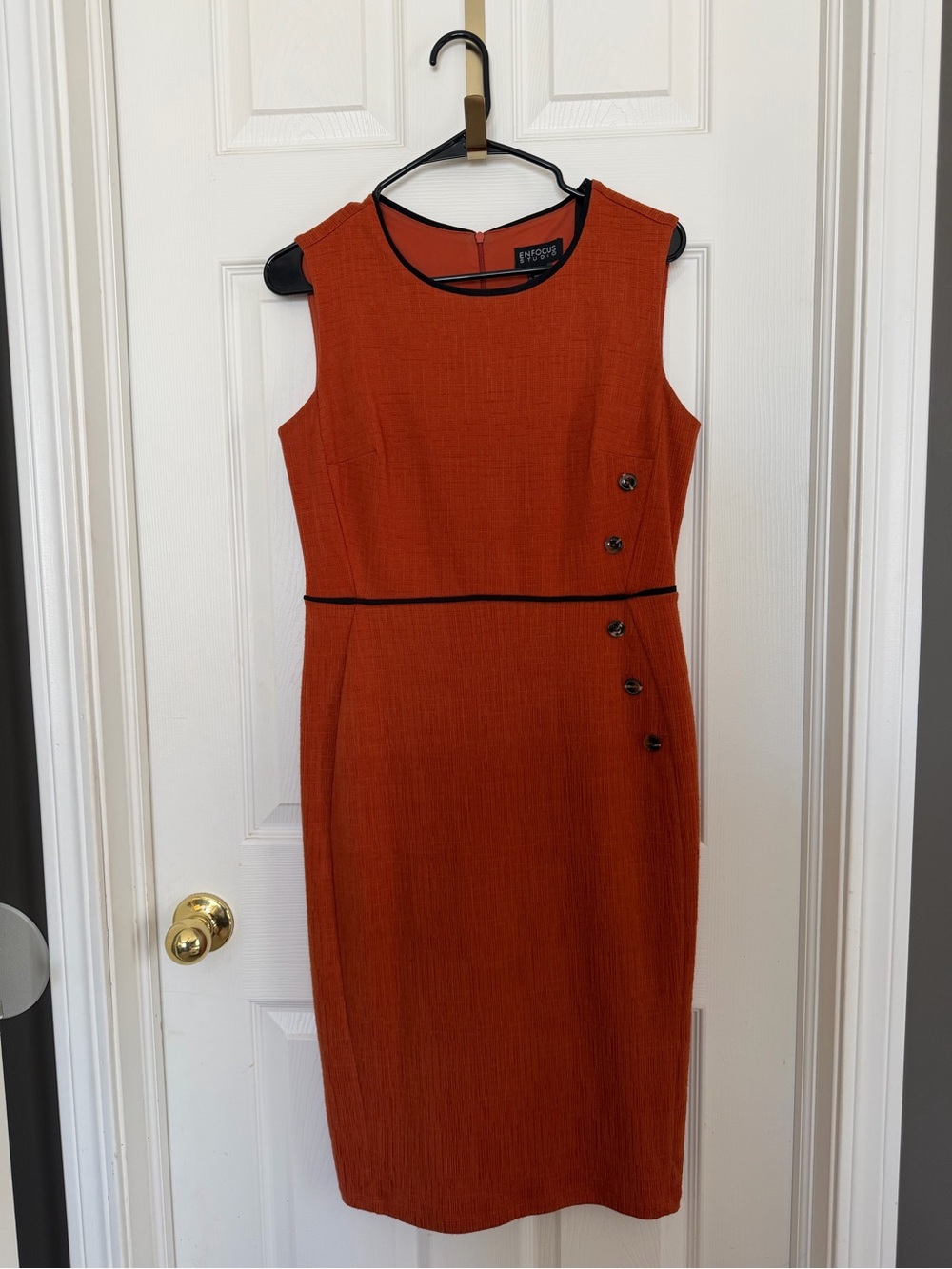 Orange /Rust Sheath Dress with Black Trim and Button Accents